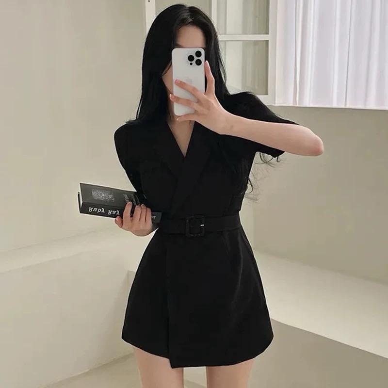 French Retro Lapel Tie Waist Suit Dress