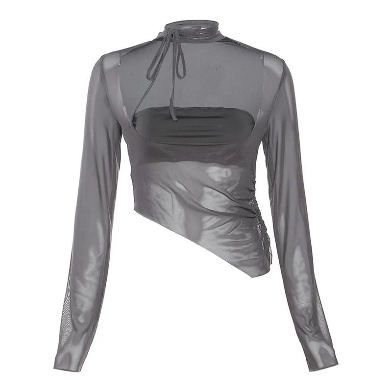 Mesh Splicing Slim Square Collar Top