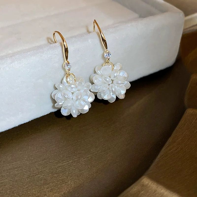 White Flower Ball Earring