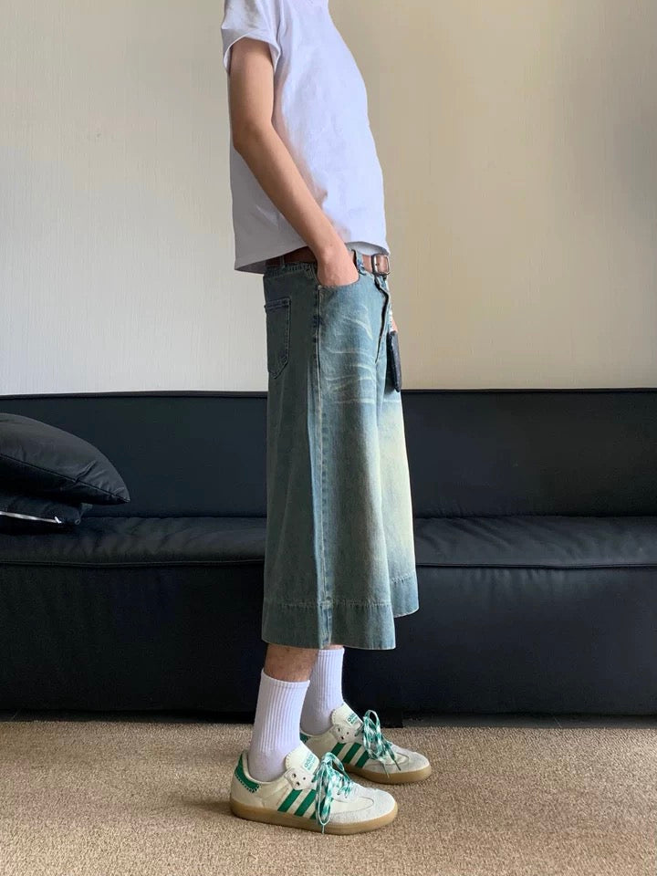 ウォッシュドデニムクロップドパンツ || Wash Blue Denim Jorts
