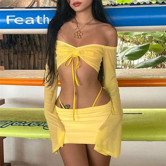 Drawstring Trumpet Sleeve Top And Low Waist Hip Skirt