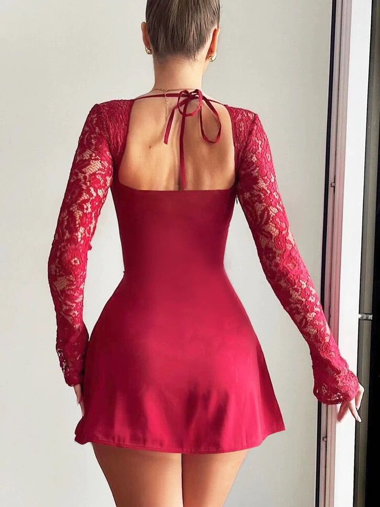Shemoda Lace Stitching Tie Long Sleeve Dress
