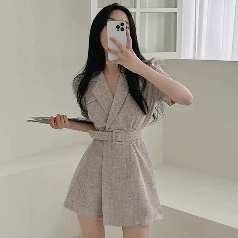 French Retro Lapel Tie Waist Suit Dress