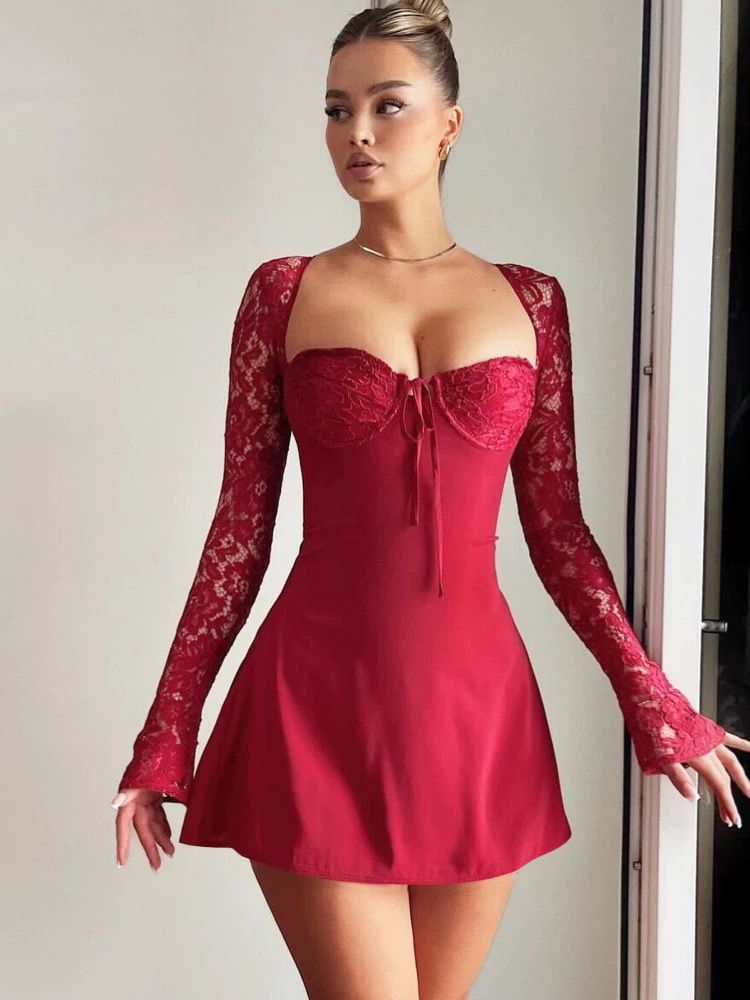 Shemoda Lace Stitching Tie Long Sleeve Dress
