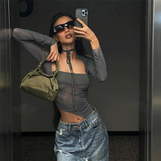 Mesh Splicing Slim Square Collar Top