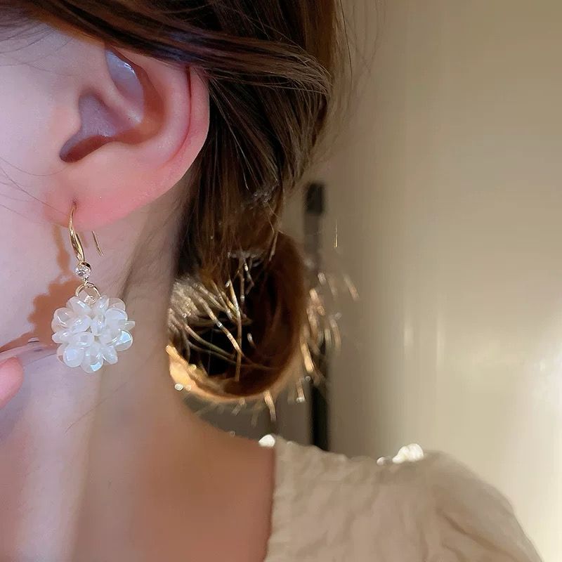 White Flower Ball Earring