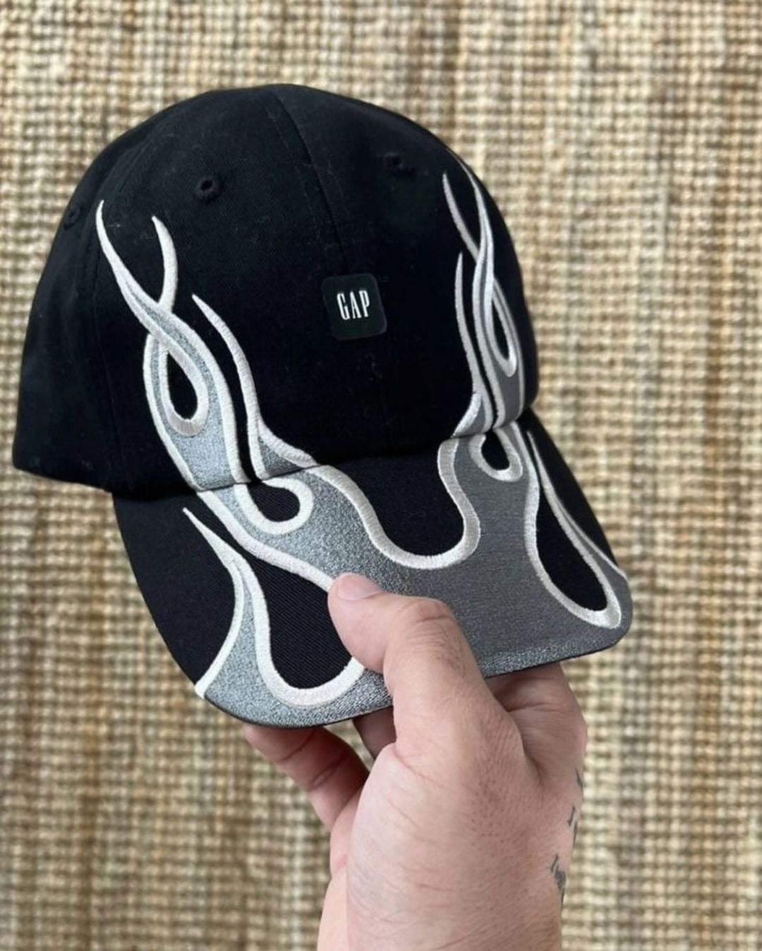 Black GAP Yeezy flame cap for street fashion in India with bold flame design