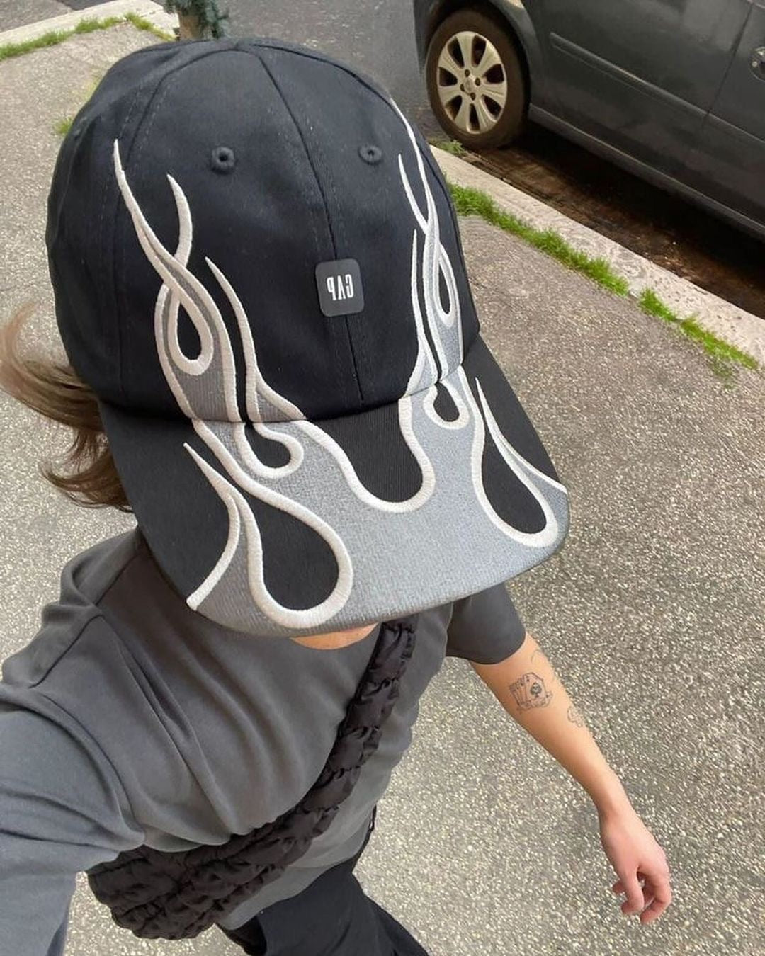 Black GAP Yeezy flame cap for street fashion in India with bold flame design