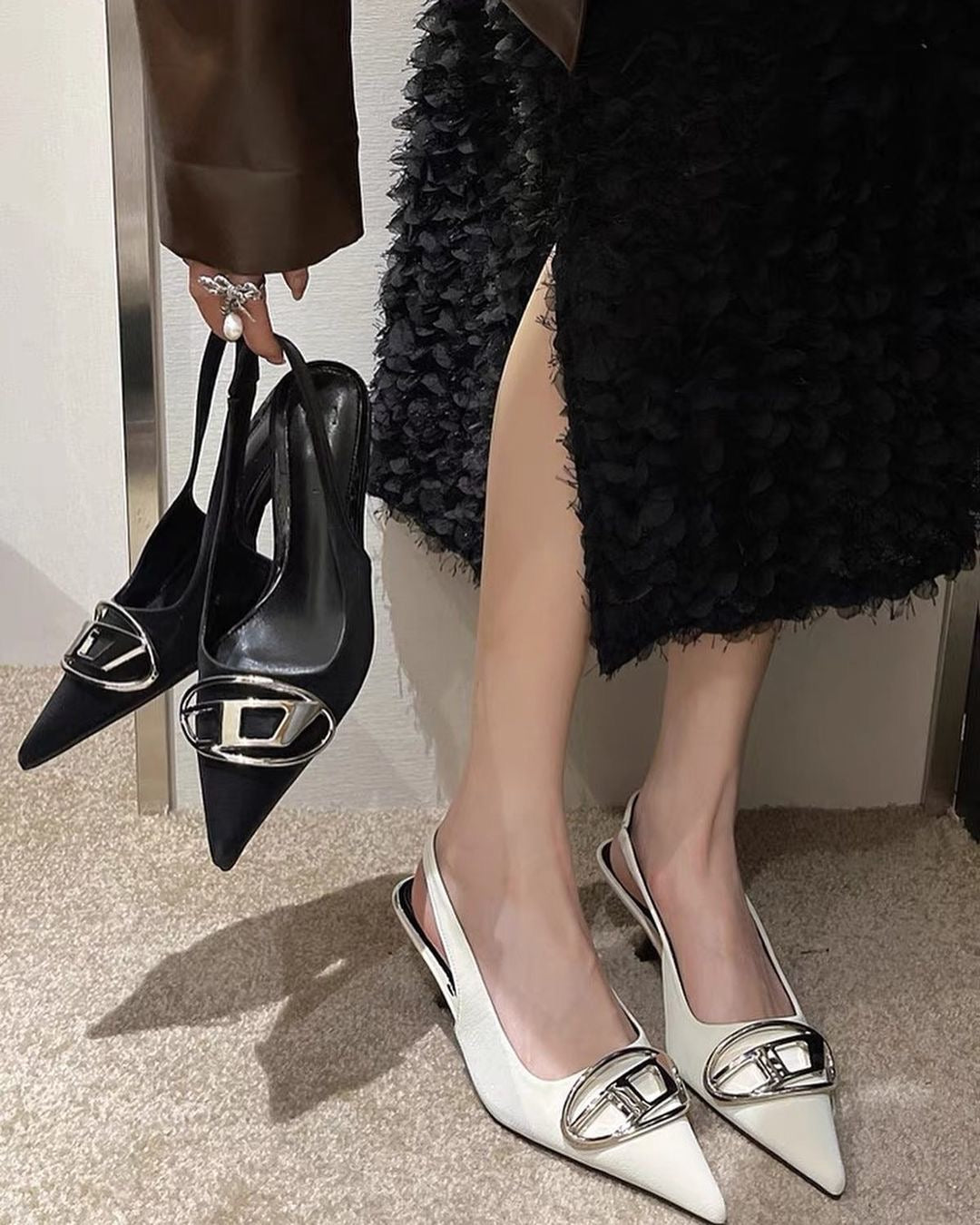 Pointed toe Diesel heels in Korean style heels in India fashion trend
