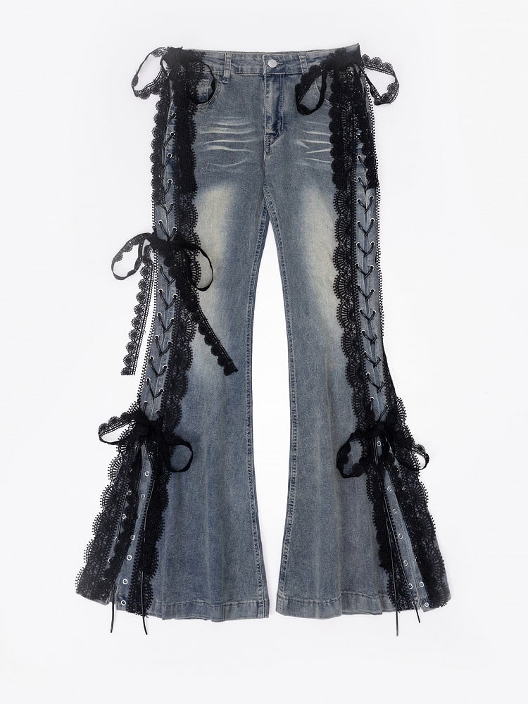 Blue Bittersweet Glamorous Lace-up Flare Silhouette Jeans