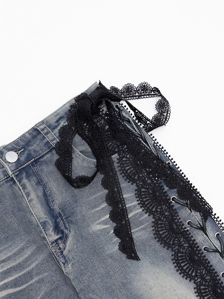 Blue Bittersweet Glamorous Lace-up Flare Silhouette Jeans