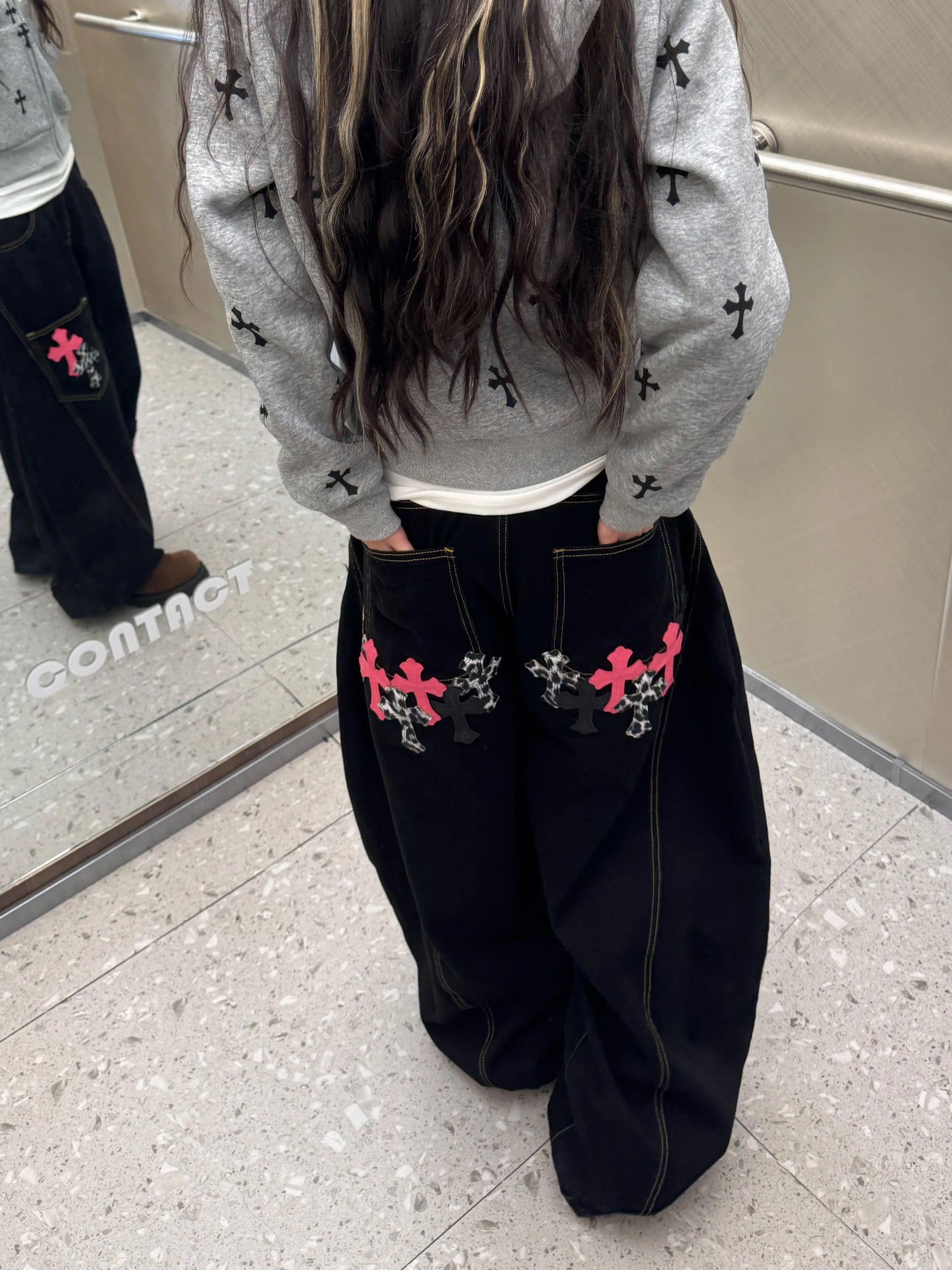 cross patch baggy denim jeans