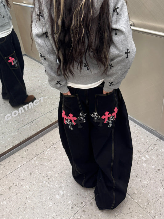 cross patch baggy denim jeans