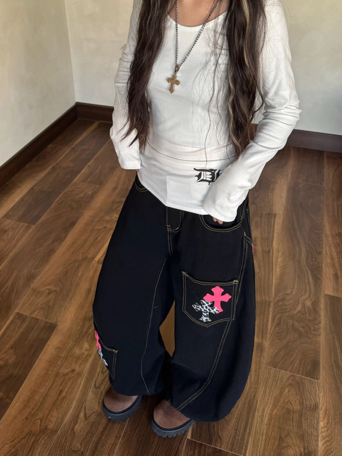 cross patch baggy denim jeans