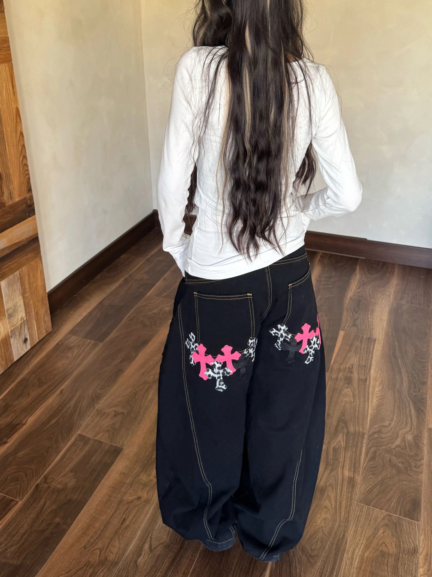 cross patch baggy denim jeans