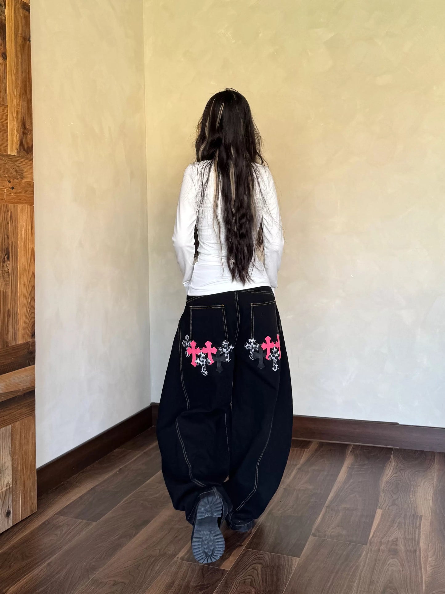 cross patch baggy denim jeans