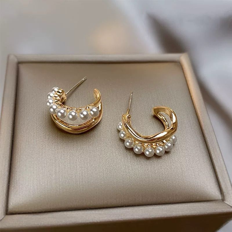 Gold Double-Layer Pearl Micro-Inlaid Earrings