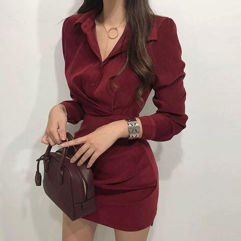 Long-Sleeved Shirt-Style Hip Dress